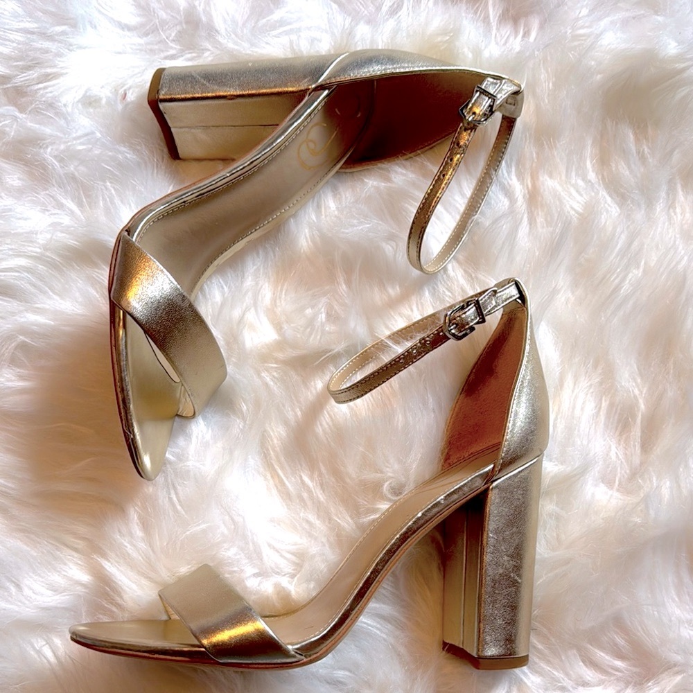 Sam Edelman Gold Metallic Sandals Block Heels Ankle Strap Sz 9.5